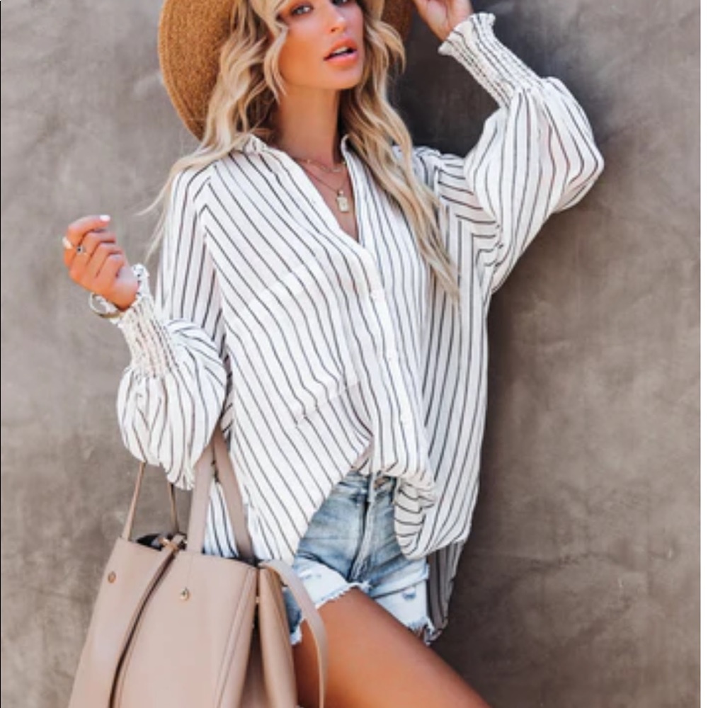 Vici Coachella Valley Pocketed striped Button Down Top